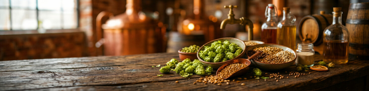 An artisanal display of fresh green hops and a variety of malted grains, alongside bottles of liquid and a brewing tap, carefully arranged on a weathered wooden surface, evokes traditional craft