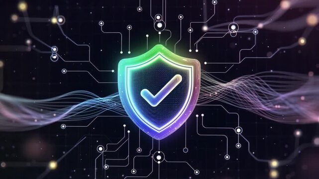Glowing shield with checkmark in futuristic style on dark digital background concept of cybersecurity protection