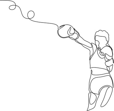 One line art drawing of a female boxer delivering a powerful punch, minimalist continuous line illustration of a woman athlete in boxing gloves and gear, dynamic vector design of female boxing and pow