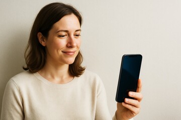 Woman smiling while looking at smartphone in hand against light background, showing digital communication and technology concept clearly. Ai generative