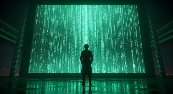 A man stands in front of a large screen displaying green code