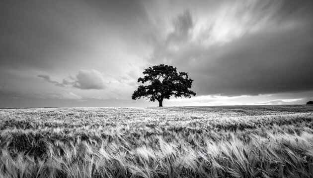 Solitary Tree Standing Tall in a Windswept Field Under a Dramatic Sky.
