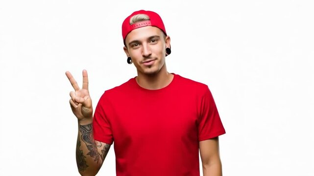 Man in a red shirt and cap making a peace sign with a smile