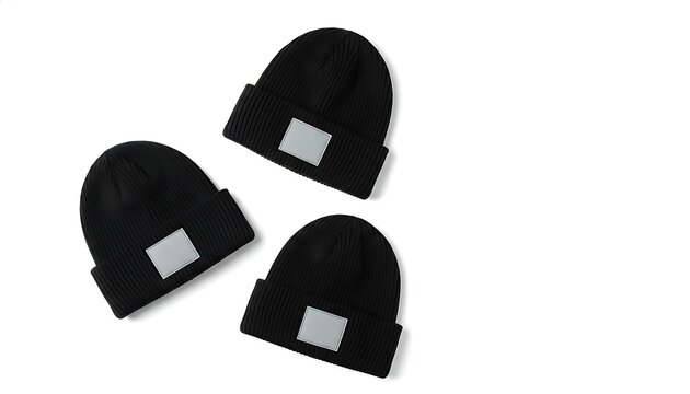 Three black ribbed knit beanies with blank patches on white background