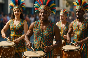 Group of traditional drummers in colorful tribal costumes performing in a lively street parade under bright daylight atmosphere outdoors. Ai generative