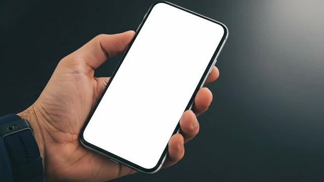 A person holding a modern smartphone with a blank screen