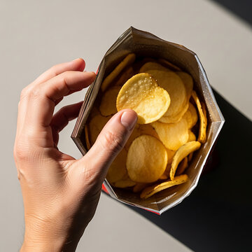 Close-up of a hand reaching into an opened bag of delicious, crispy golden potato chips, perfect for a quick snack or party treat