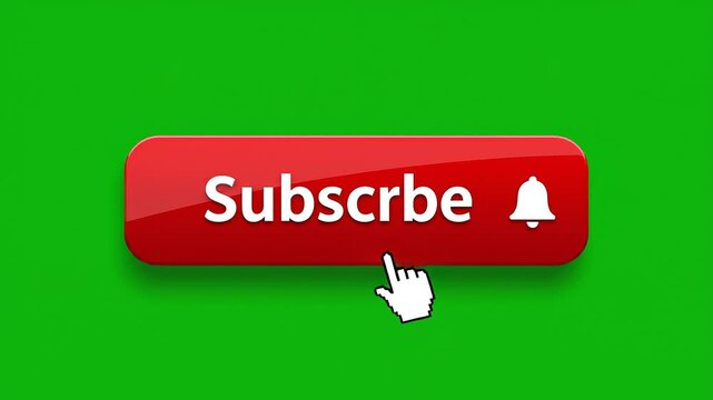 Mouse cursor clicks a red 3D subscribe button icon on a green screen, ideal for youtube subscribe 3d icon chroma