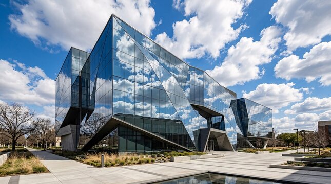 The reflective glass facades of a state-of-the-art university science building beautifully mirror the bright blue sky and fluffy clouds.