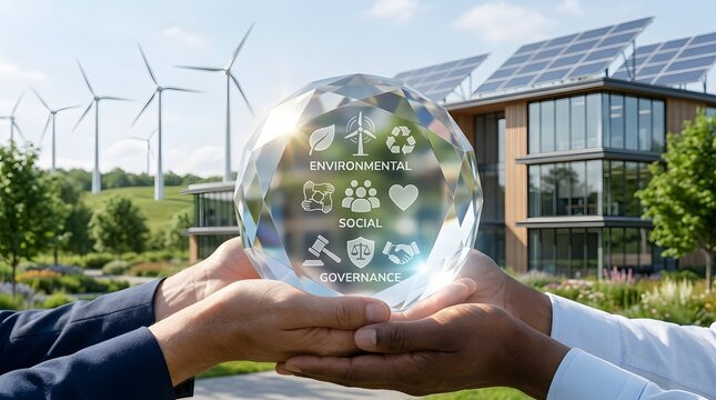Environment social and governance in sustainable and ethical business. Crystal globe with ESG icons. Using technology of renewable resource to reduce pollution