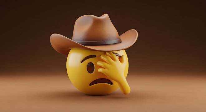 Embarrassed Cowboy Emoji Wearing a Hat in a Studio Setting.