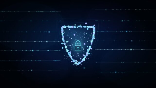 Cybersecurity shield animation with a digital padlock. Blue neon data particles and binary code streams representing firewall protection and safety.