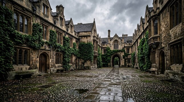 The weathered stone courtyard of this ancient college displays ivy climbing up mullioned windows and damp cobblestones under a cloudy sky.