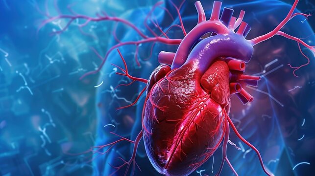 Myocardial Infarction medical illustration showing heart attack, blocked coronary artery, ischemic heart disease, chest pain symptoms, emergency cardiology treatment, arterial plaque, blood clot, 
