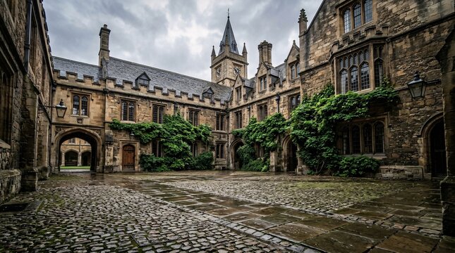 The weathered stone courtyard of this ancient college displays ivy climbing up mullioned windows and damp cobblestones under a cloudy sky.