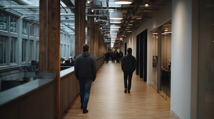 Obraz premium A diverse group of people walking down a long modern industrial corridor bathed in natural light