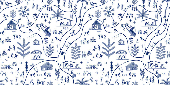 Seamless Warli tribal border pattern traditional Indian folk art. Ethnic village scene with people, animals and trees. Decorative vector ornament for textile, packaging, wallpaper and fabric design