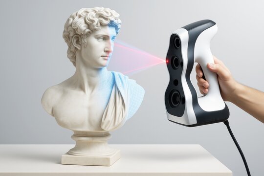 Hand-held 3D scanner scanning classical marble bust with laser light grid overlay on neutral background in creative digital art concept scene. Ai generative
