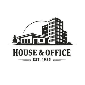 HOUSE & OFFICE EST. 1985 Vintage Logo for Real Estate Services, Property Management, Residential Homes, Commercial Buildings, Business Spaces, & Homeownership Solutions. Your Trusted Partner Since 198