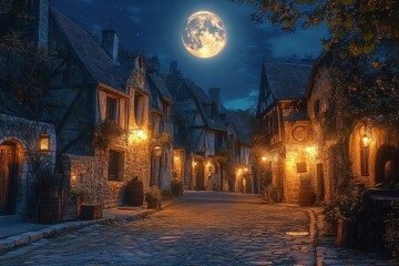 Fototapeta premium moonlit medieval cobblestone street lined with stone and timber houses, glowing lanterns, barrels and ivy, serene magical and romantic nighttime atmosphere