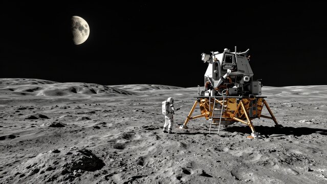 Astronaut Standing Next to Lunar Lander on Moon Surface with Earth in Background