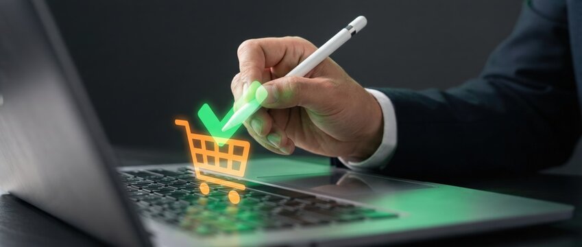 Online shopping experience digital cart interaction home office e-commerce professional setting close-up consumer behavior insights