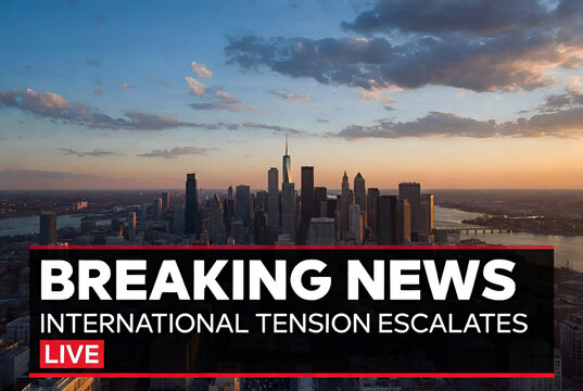 Breaking news banner over city skyline at sunset, international tension escalates headline, global crisis concept with urban landscape and dramatic evening sky