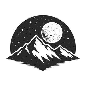 Stunning distressed monochrome illustration of majestic mountain peaks under a captivating starry night sky, featuring a detailed full moon, casting beautiful reflections on serene water. Perfect vint