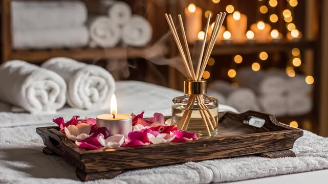 Wooden tray on a white towel-covered massage table featuring a burning candle, rose petals, and a reed diffuser in a serene spa room with warm bokeh lighting and rolled towels.