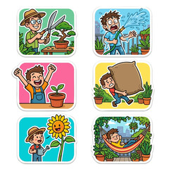 Fototapeta premium Eco-friendly set of six cartoon illustrations showcasing various gardening activities and outdoor scenes featuring men with plants and tools, perfect for educational or promotional use