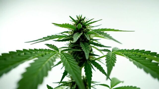 Close-up shot of cannabis plant showing mature green bud and broad green leaves against white background.