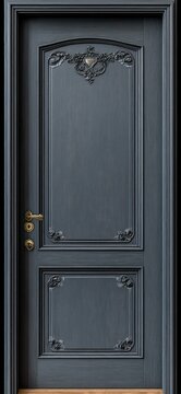 ornate dark blue wooden interior door with carved floral panels and polished brass handle evoking elegance and quiet sophistication