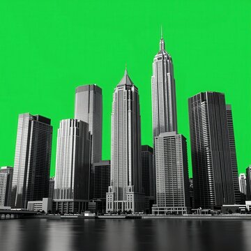 Black and White City Skyline with Green Screen Background for Chroma Key Compositing