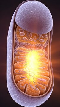 Mitochondrion, portraying energetic internal activity, illuminating cellular respiration process, showcasing vital power generation, featuring complex organelle structure.