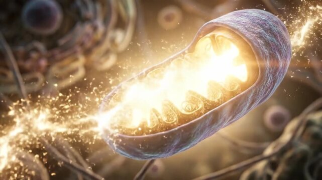 Mitochondrion, generating dynamic cellular energy, producing vital adenosine triphosphate, powering critical biological function, appearing illuminated within complex microscopic structure.