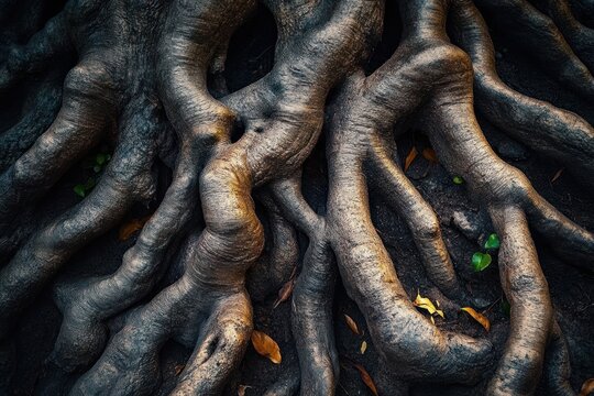 intertwined gnarled tree roots sprawling over dark soil with scattered green shoots and dry leaves, evoking ancient strength and grounded resilience