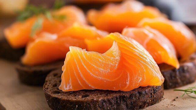 tonalite. Close-up of oily smoked salmon slices on dark rye bread. menu design, packaging mockups, designed for culinary blogs and recipe cards for restaurants, used by interior designers.