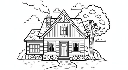 Fototapeta premium Charming black and white illustration of a quaint cottage with a steep roof