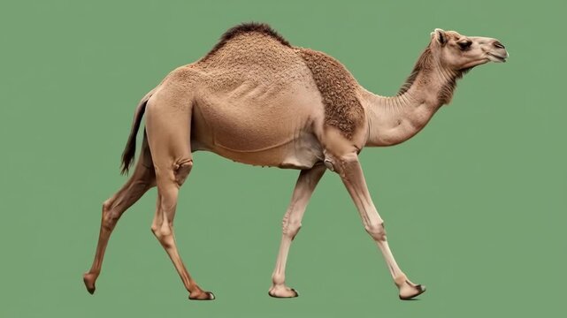 A single-humped camel walking against a solid green background