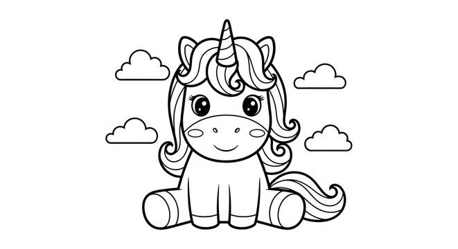 Charming unicorn illustration with clouds a whimsical black and white drawing
