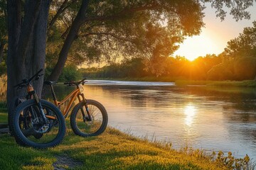 Fototapeta premium two mountain bikes leaning against a tree by a river at sunset, peaceful golden light and calm reflections