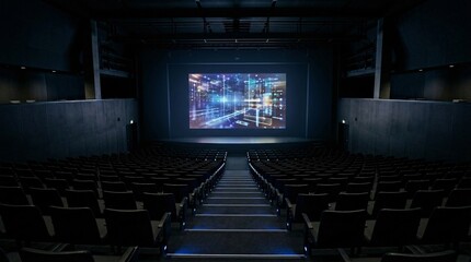 Naklejka premium This illuminated presentation screen glows softly inside a completely dark modern lecture theater beside rows of sleek minimalist seats.