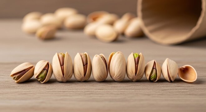 Close-up of shelled and unshelled nuts on a wooden surface