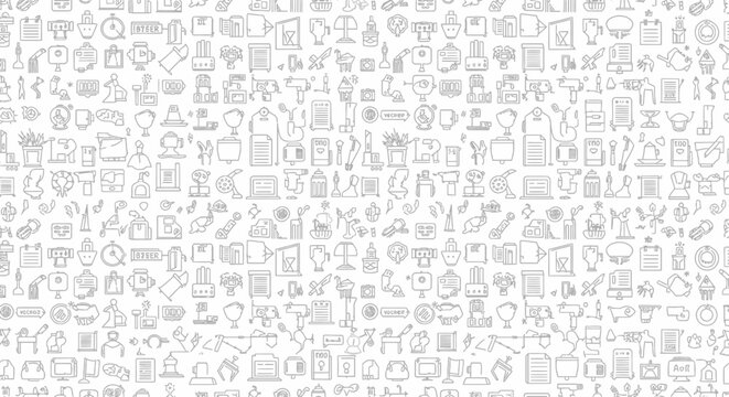 Seamless pattern of various line art icons representing a wide range of concepts and objects.