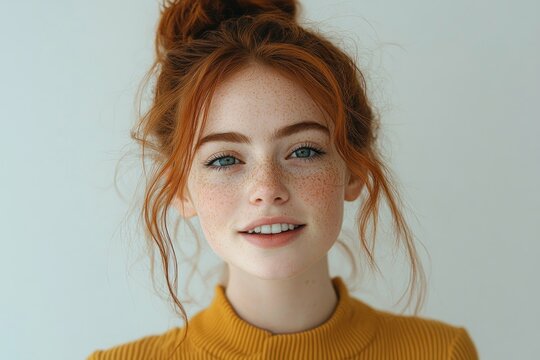 Person with messy auburn bun and loose strands wearing mustard ribbed turtleneck, blurred face against a pale neutral background conveying anonymity and quiet introspection