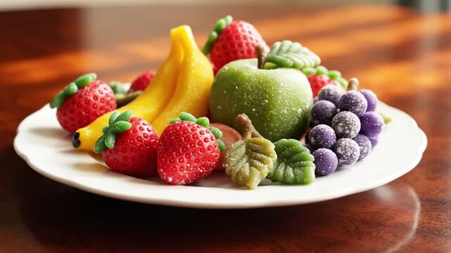 Decorative dessert fruit plate arrangement featuring strawberries, bananas, apple, and grapes on a wooden table for delicious treats