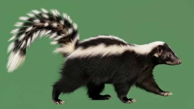 A skunk walking across a bright green background