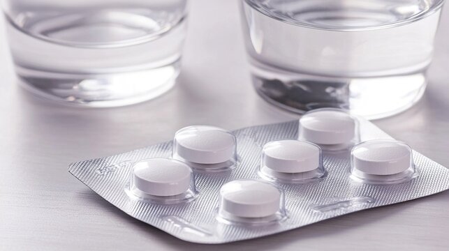 blister. White tablets scattered on foil blister pack next to a glass of water. product launch decks, UI/UX mockups, designed for data visualization dashboards and holographic UIs.