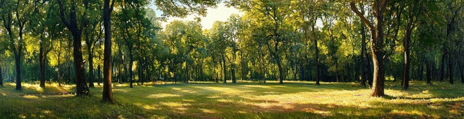 Obraz premium Sunlit forest clearing with tall trees and dappled sunlight over a grassy meadow, peaceful and inviting under a green leafy canopy
