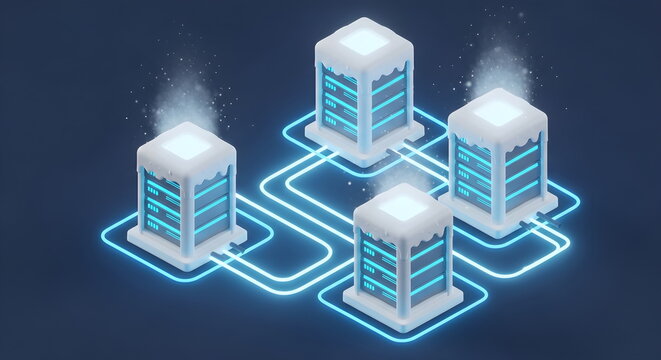 3D isometric cloud computing servers covered in snow with glowing blue connections